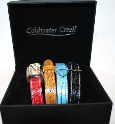 "Coldwater Creek" Watch Set with Rectangle Watch Face & 4 Assorted Colored Bands with Box