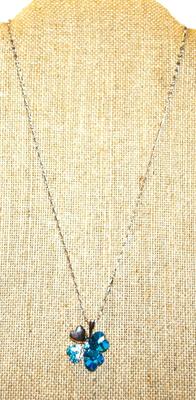 Silver Plated Blue & Silver 4 Leaf Clover PENDANT (1" x 1") on Silver Tone Chain 18" L