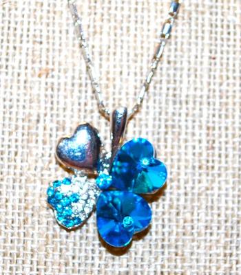 Silver Plated Blue & Silver 4 Leaf Clover PENDANT (1" x 1") on Silver Tone Chain 18" L