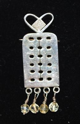 .925 Silver Perforated Double Hook Metal PENDANT (2¾" x ¾") with Dangle Stones on a Silver Tone Rope Chain 30" L