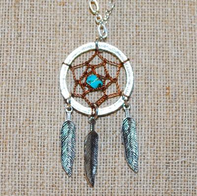 Tribal Style Metal Feather & Blue Turquoise Stone PENDANT (2½" x 1¼") on a Silver Tone Necklace Chain 18" L