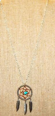 Tribal Style Metal Feather & Blue Turquoise Stone PENDANT (2½" x 1¼") on a Silver Tone Necklace Chain 18" L