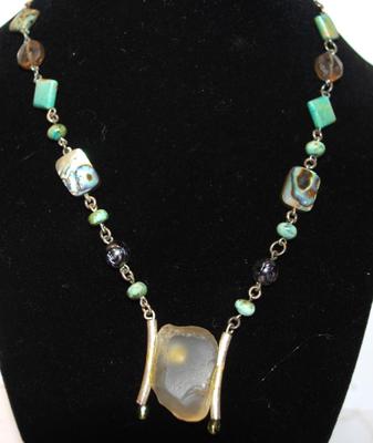 "LakeStone" (Lake Michigan) Necklace with Mother-of-Pearl & Jade-Style Accents 18" L