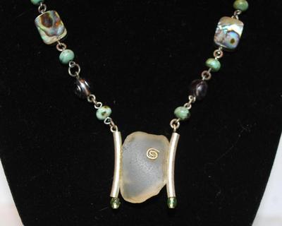"LakeStone" (Lake Michigan) Necklace with Mother-of-Pearl & Jade-Style Accents 18" L