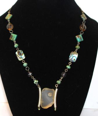 "LakeStone" (Lake Michigan) Necklace with Mother-of-Pearl & Jade-Style Accents 18" L