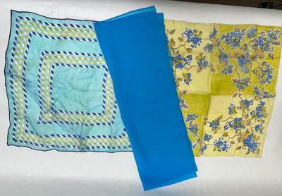 Scarves Lot - long royal blue, 2 square patterned with stripes and floral