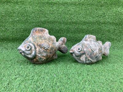 128 Two Terracotta Fish Garden Art Sculptures