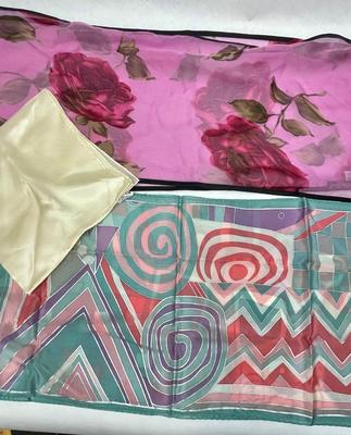 3 pc Scarf Scarves Lot pink roses geometric solid