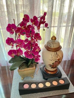 LOT 111: Covered Asian Ginger Jar, Faux Orchid and Votive Candle Holder