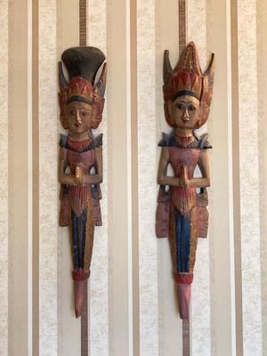 LOT 125: Sculptured Carved Wood Collection - Buddha Mask and Two Balinese Mermaid Goddesses