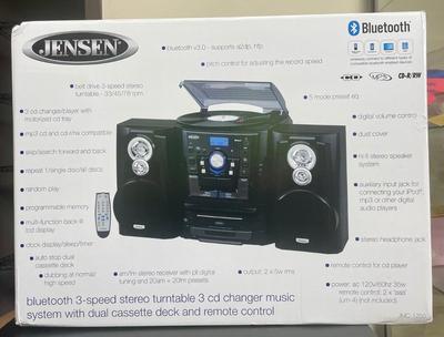 NIB! - Jensen Bluetooth 3 Speed Stereo Turntable 3 CD Changer Music System with Dual Cassette Deck, Pitch Control and Remote Control