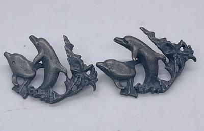 2 Leaping Dolphin Pewter Metal Cap Badge Pins or Drawer Pulls