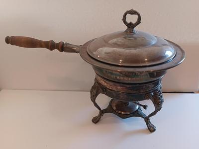 Antique Sheridan Silver Unique TROPHY Fondue pot with original stand and burner - Brookfield invitation Flight winner 1970