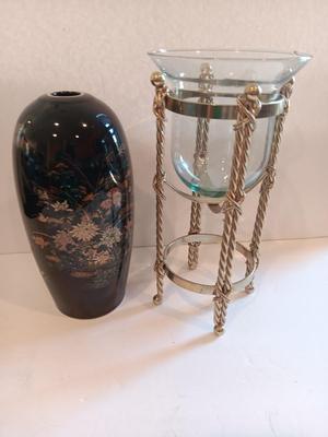 Black porcelain Asian themed accent vase with metal gold stand votive holder