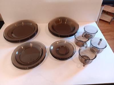 Vintage smoke glass VERECO France dinnerware set - complete setting for 4