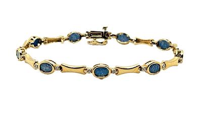 Gorgeous Blue Opal & Diamond 14K Yellow Gold Tennis Bracelet