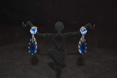 925 Sterling Fashion Drop Earrings with Blue Glass - Sterling Backs