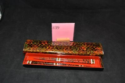 Lacquered Box with 2 Sets of Chop Sticks 10.75”x2.25”x1.25”