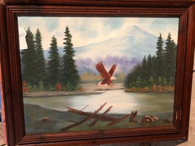 Framed Oil on Canvas Forest and Eagle Landscape, unsigned