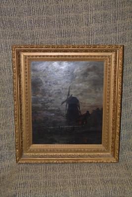 Vintage Moody Windmill Oil Painting in Ornate Gold Tone Frame