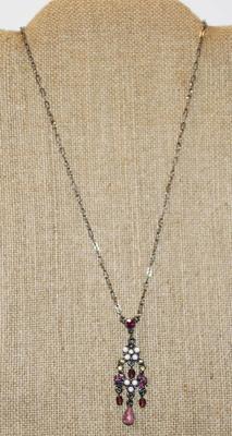 Cranberry Red Dangle Stones Necklace on a Dark Silver Tone Chain 18