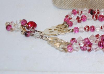 3 Rows of Colorful Reds, Pinks & Clear Beads Necklace 22" L