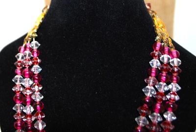 3 Rows of Colorful Reds, Pinks & Clear Beads Necklace 22