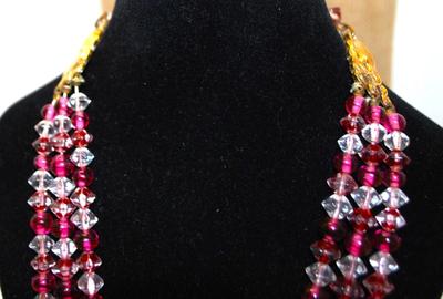 3 Rows of Colorful Reds, Pinks & Clear Beads Necklace 22" L