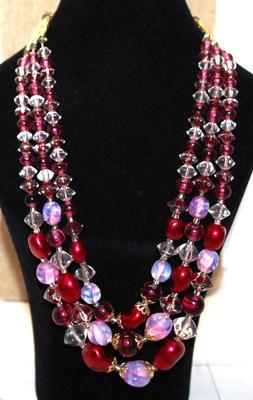 3 Rows of Colorful Reds, Pinks & Clear Beads Necklace 22
