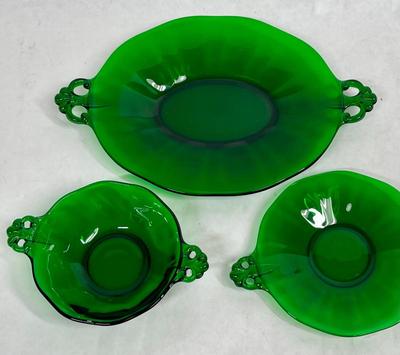 Forest Green Glass Fostoria Lafeyette 3 pc set with handles
