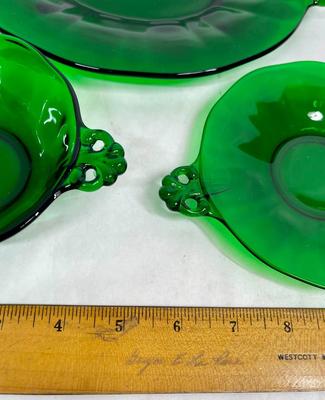 Forest Green Glass Fostoria Lafeyette 3 pc set with handles