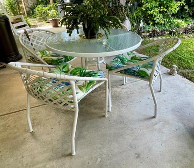 Patio Table and Chairs, white metal with glass, webbed chairs