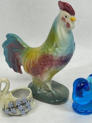 Bird lot Colorful Rooster, Glass Blue Bird, Small Swan Trinket Holder