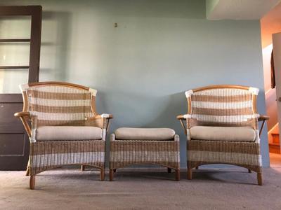 LOT 21B: Two Matching Striped Wicker Chairs w/ Footstool & Cushions