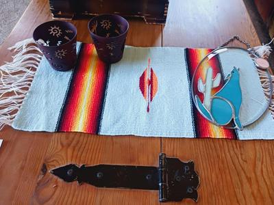 STAINED GLASS COYOTE, METAL CANDLE HOLDERS AND A WOVEN TABLE RUNNER