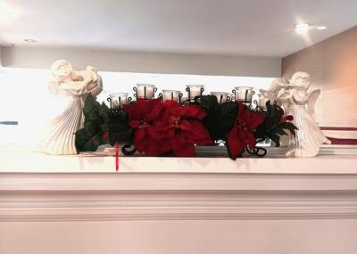 IRON VOTIVE CANDLE HOLDER CENTERPIECE AND 2 CERAMIC ANGELS