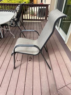 PATIO TABLE WITH UMBRELLA AND 4 PATIO CHAIRS WITH CUSHIONS