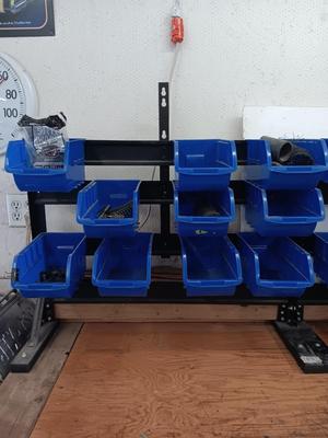 Hardware storage rack - bench mount with 10 blue plastic bins (1 of 2)