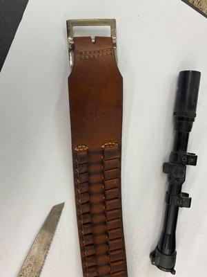Neat Tasco Scope, with a Nifty Leather Ammo Belt. , and a Folding Saw