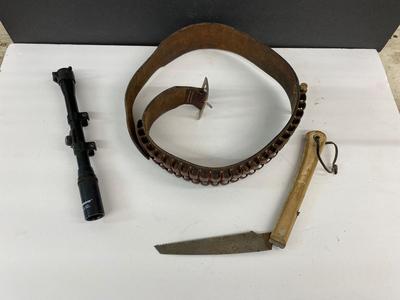 Neat Tasco Scope, with a Nifty Leather Ammo Belt. , and a Folding Saw