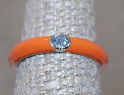 Size 7 Bright Orange Enamel Style Ring with Single Round Stone (2.3g)
