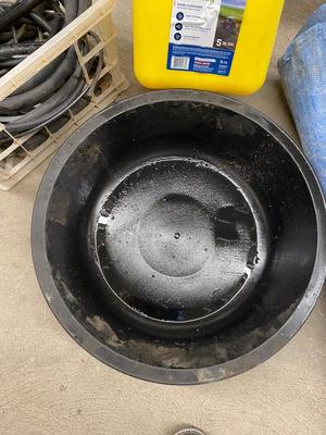 5 Gallon Yellow Fuel Can, Several Hose Remnants, drain pan and large warn Tarp