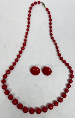 Vintage Red Beaded Necklace and Cliip-on Earrings