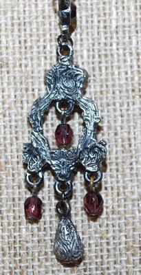 Cranberry Red Dangle Stones Necklace on a Dark Silver Tone Chain 18