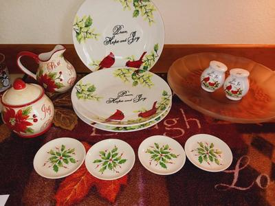 CHRISTMAS DINNERWARE AND A GLASS SHALLOW BOWL