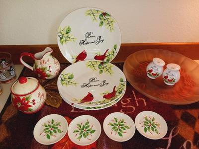 CHRISTMAS DINNERWARE AND A GLASS SHALLOW BOWL
