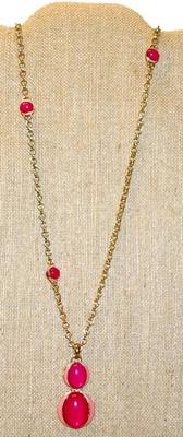 "Coldwater Creek" Brand Necklace with Red & Pink Baubles on a Gold Tone Chain 30" L