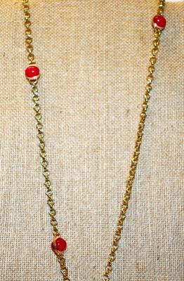 "Coldwater Creek" Brand Necklace with Red & Pink Baubles on a Gold Tone Chain 30" L