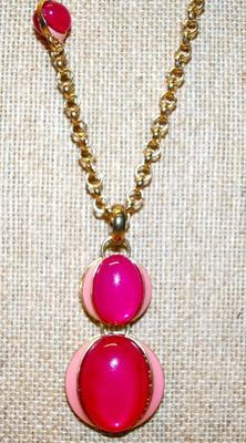 "Coldwater Creek" Brand Necklace with Red & Pink Baubles on a Gold Tone Chain 30" L