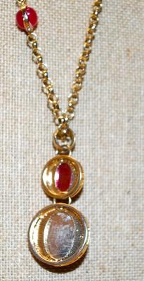 "Coldwater Creek" Brand Necklace with Red & Pink Baubles on a Gold Tone Chain 30" L